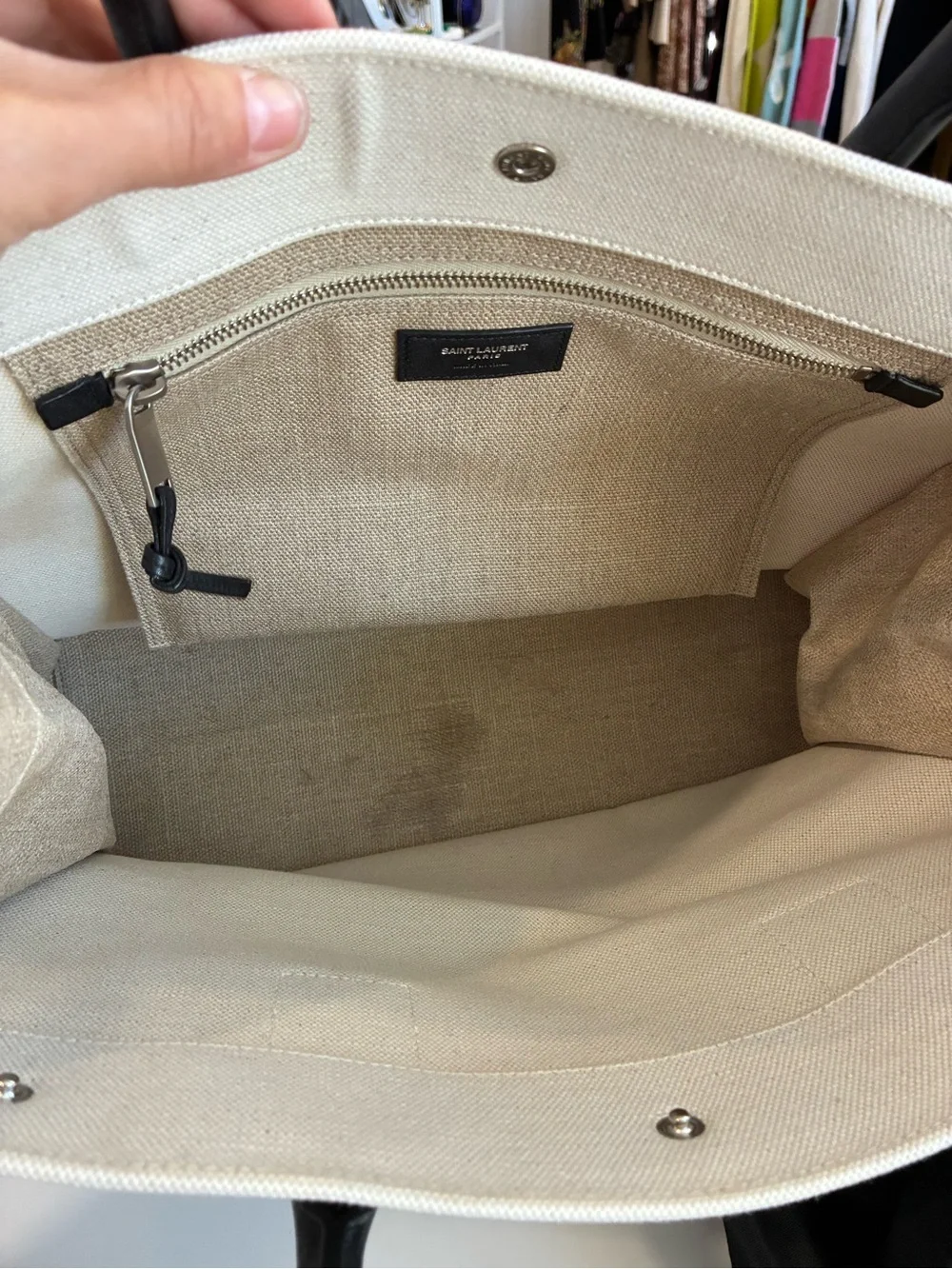 Saint Laurent Rive Gauche Canvas Tote in Ivory with Black Handles